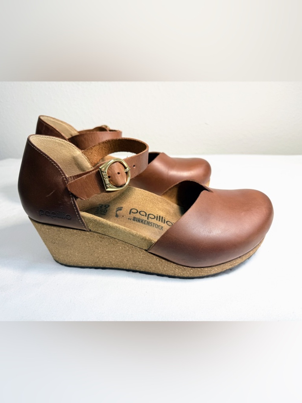 Papillio Birkenstock Cognac Leather Mary Jane Wedge Comfort Shoes 39 - Picture 9 of 16